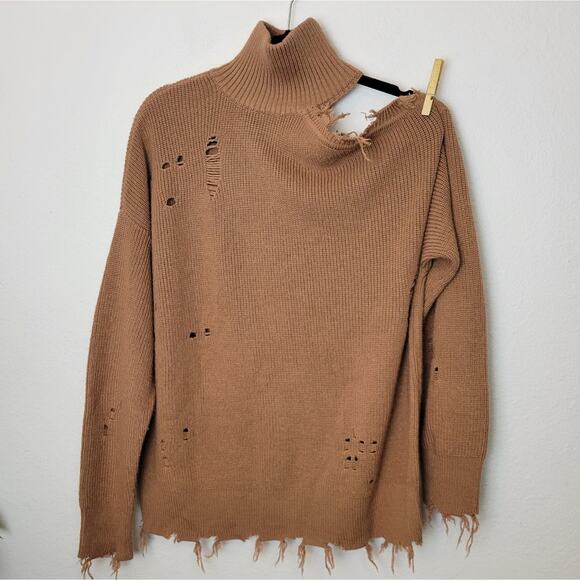 LOVERS + FRIENDS Arlington Distressed Off Shoulder Wool Sweater Tan Relaxed Fit - Picture 2 of 13